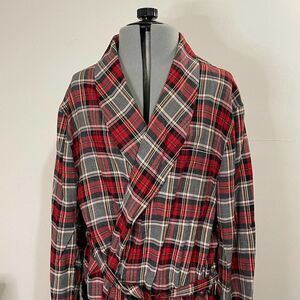 Vintage Pennleigh Red Gray Plaid Mens Robe Size Medium With Belt and Pockets